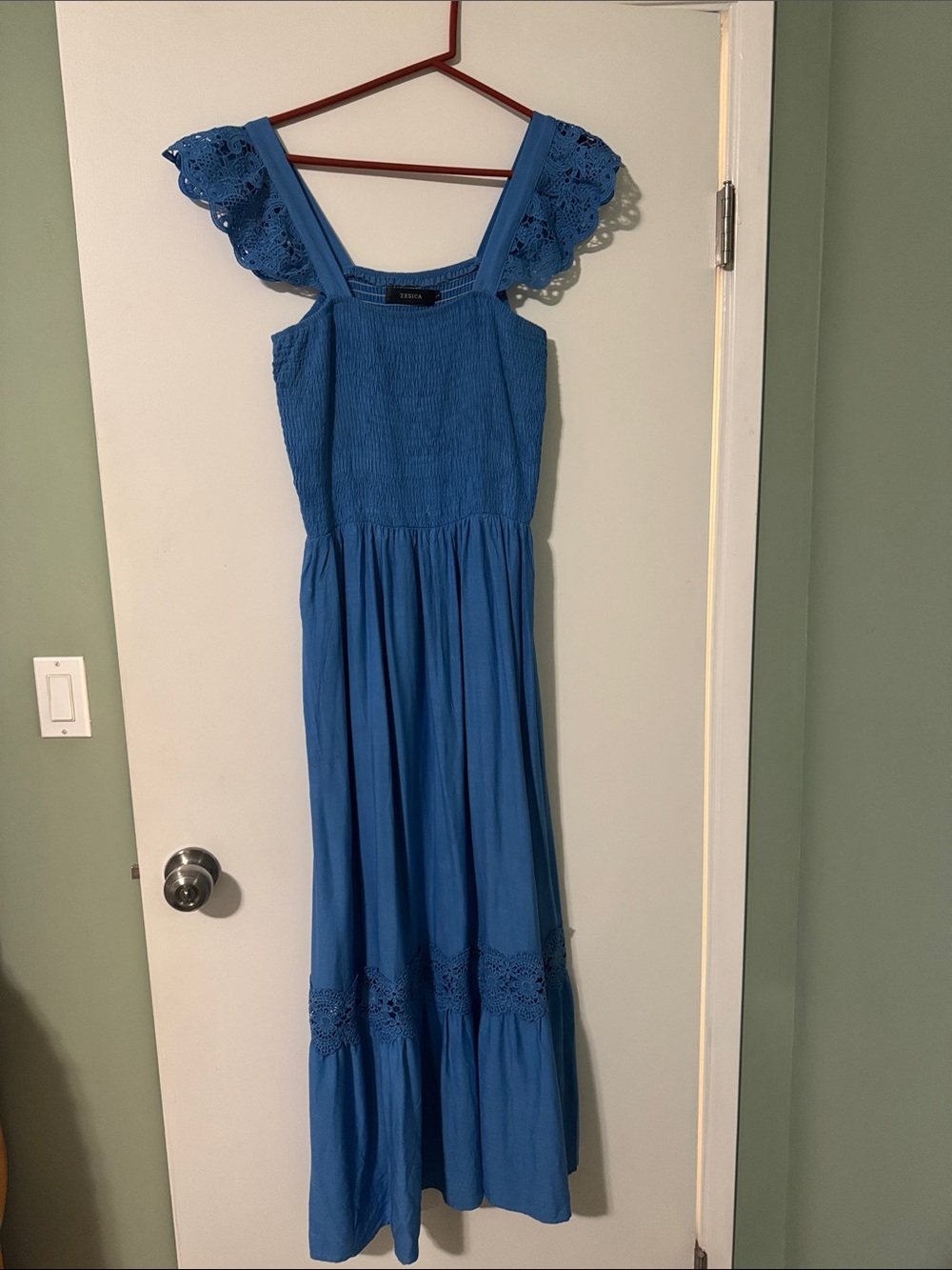 Smocked Blue Maxi Dress with Eyelet Flutter Sleeves